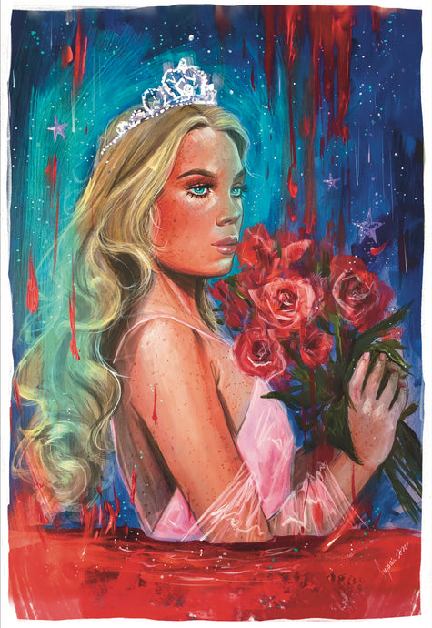 carrie art by suspiria vilchez suspirialand, woman in prom dress with tiara and roses in hand rain of blood and glitter