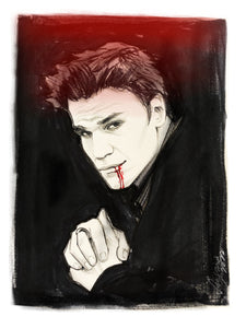 Drawing and artwork of a man with blood on his mouth, very saddle, attractive male vampire, original art, the man is dressed in black and has spiked hair